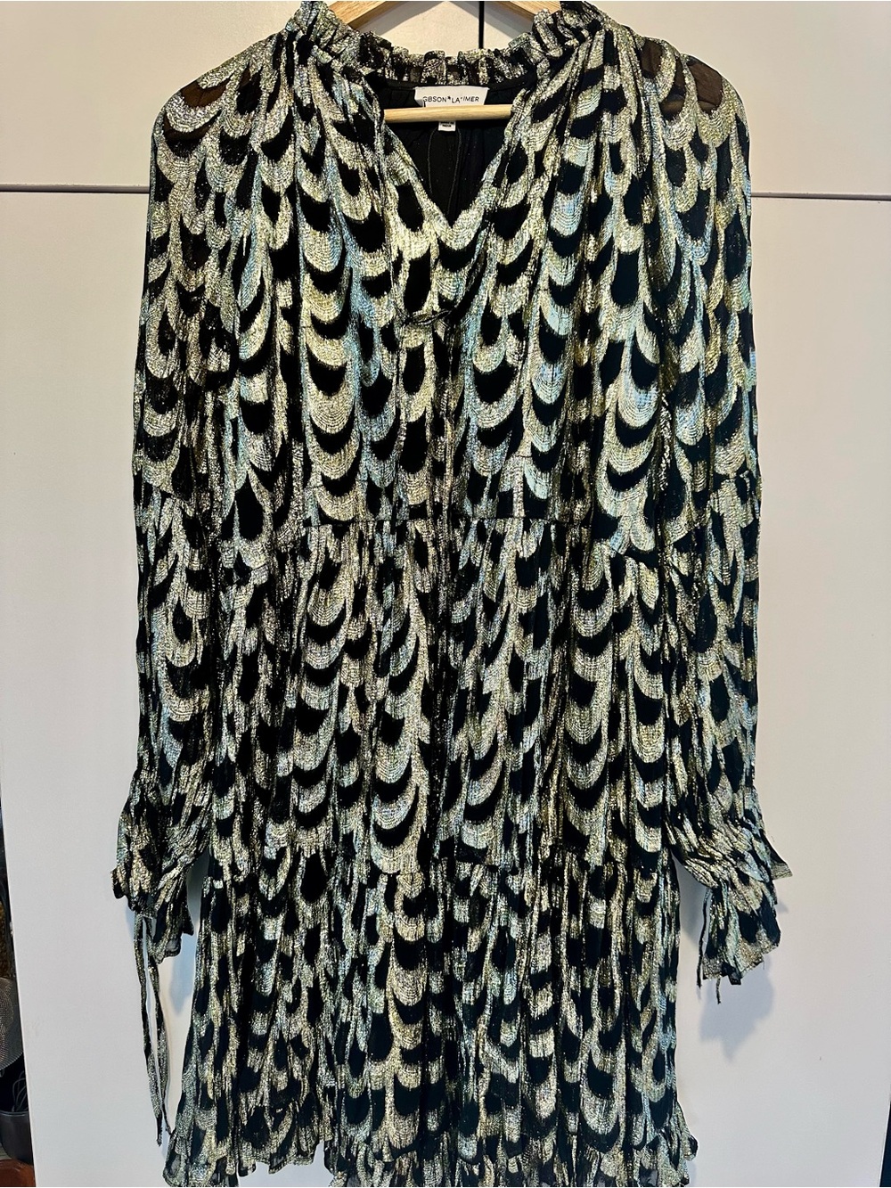 Gibson Latimer Black and Silver Metallic Tiered Long-Sleeve Dress